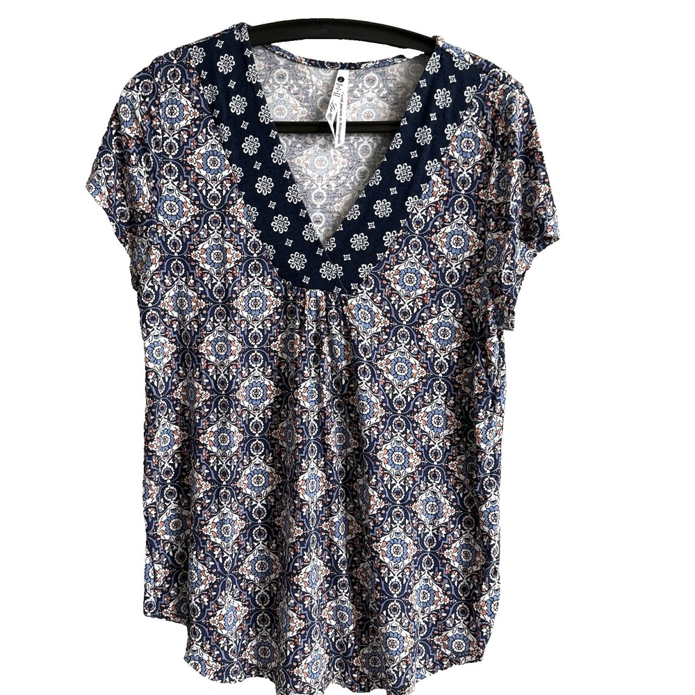 Leo & Nicole Blue Short Sleeve Top‎ L V-Neck Festival Lightweight Fairy Boho